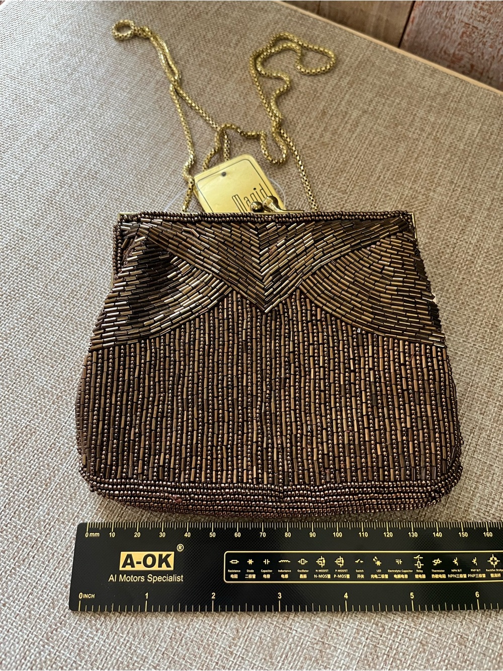 Magid Bronze Beaded Evening Clutch with Gold Chain